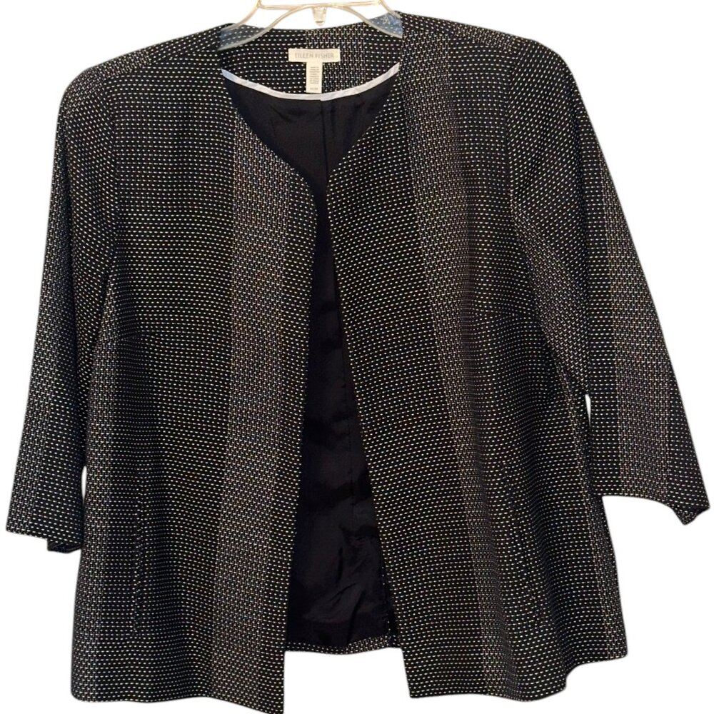 Eileen Fisher 100% Organic Cotton Karume Dash Coat Blazer Black White Medium